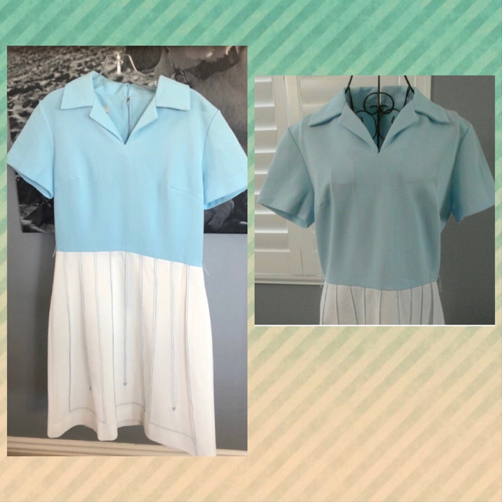 60s Vtg Mod GoGo Blue White Bleeker St Shift Dress